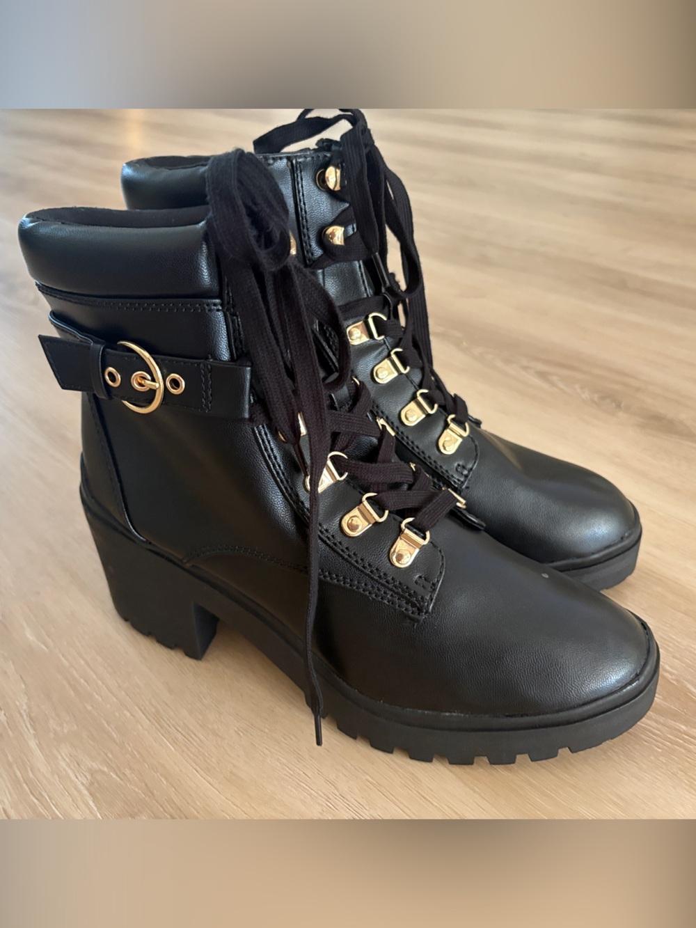 Wild Pair Black Lace-Up Combat Boots with Gold Accents